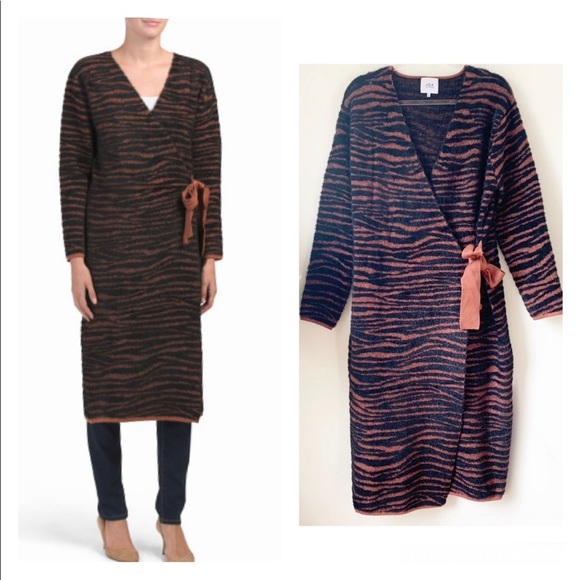 J.O.A. Zebra Print Fuzzy Sweater Duster Waist Tie Long Cardigan M - Picture 1 of 8